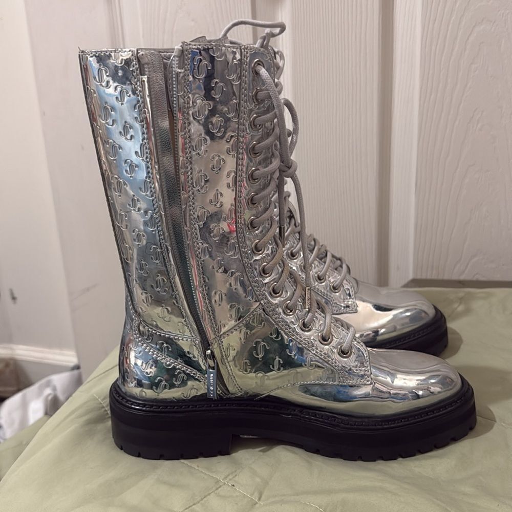 Jimmy Choo Cora Silver Monogram Leather Boot Women's 36/6 - Picture 5 of 7